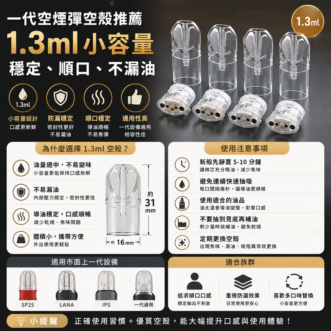 一代空煙彈空殼推薦 1.3ml｜穩定、順口、不漏油
